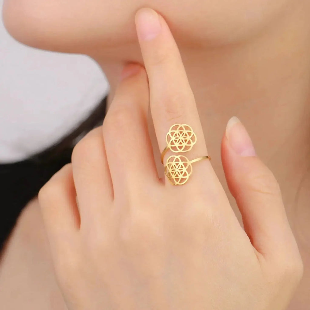 Women's Flower Mandala Seed of Life Ring Gold