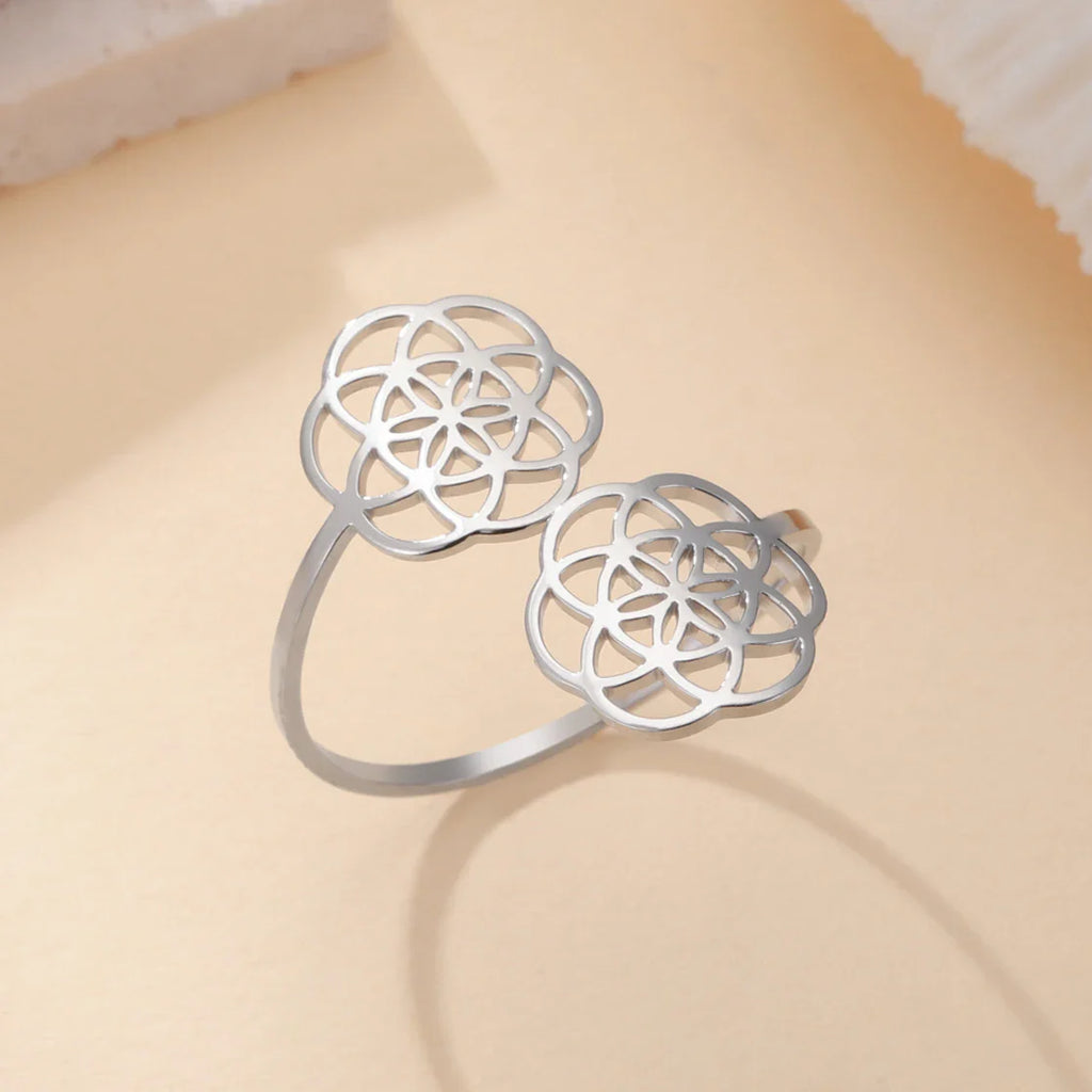 Women's Flower Mandala Seed of Life Ring Silver