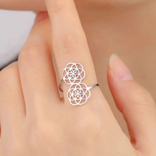 Women's Flower Mandala Seed of Life Ring Silver