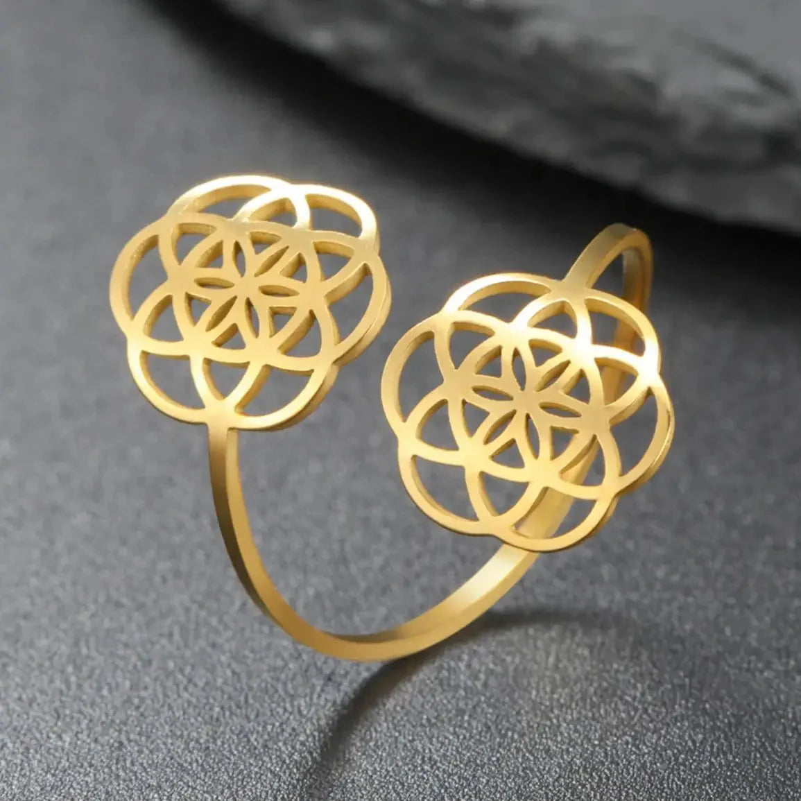 Women's Flower Mandala Seed of Life Ring Gold