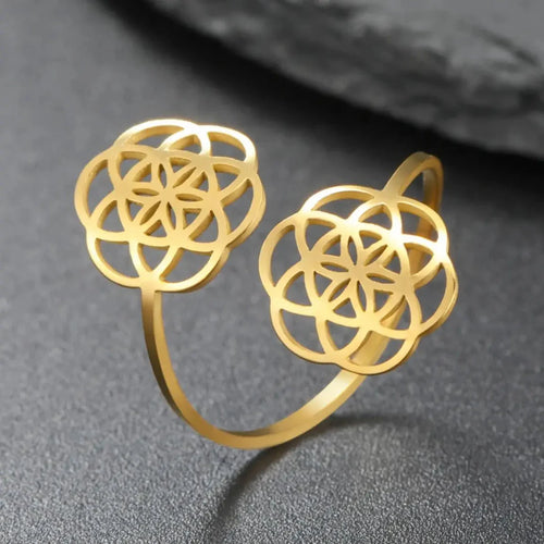 Women's Flower Mandala Seed of Life Ring Gold