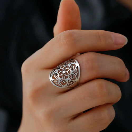 Mandala Women's Ring Flower Silver Band