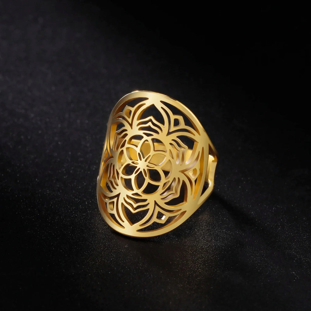Mandala Women's Ring Flower Gold Band