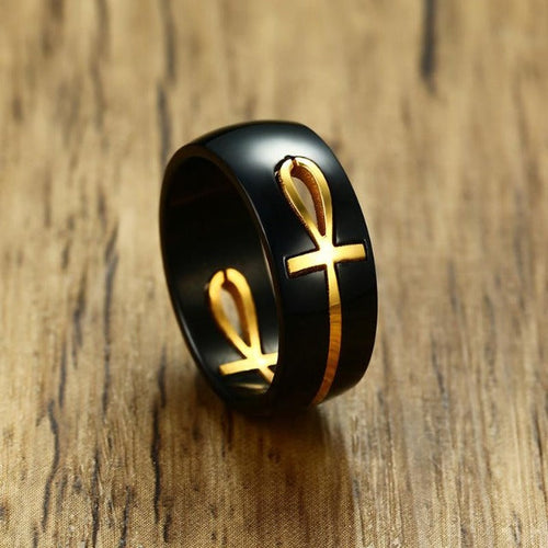 Black and Gold Egyptian Cross Motif Ring