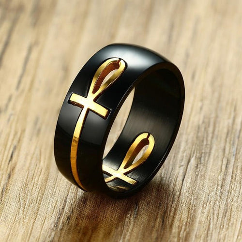 Black and Gold Egyptian Cross Motif Ring