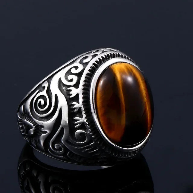 Silver Decorated Men's Tiger's Eye Ring