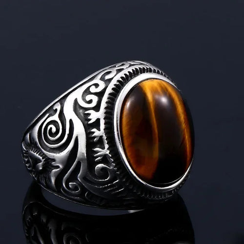 Silver Decorated Men's Tiger's Eye Ring
