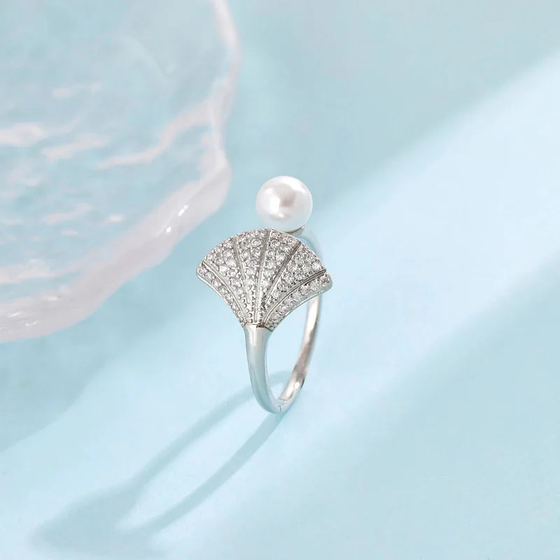 Scallop Shell and Pearl Seashell Ring
