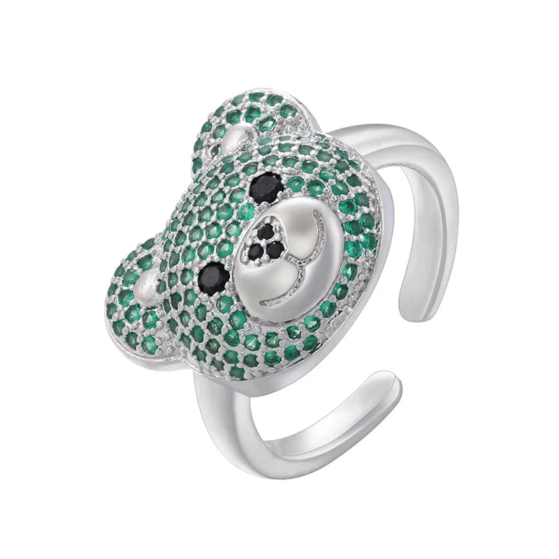 Silver and Green Bear Stone Ring