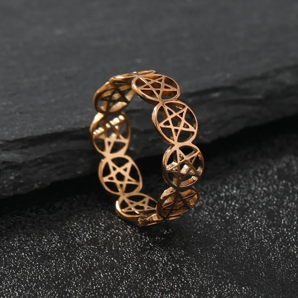 Wiccan Pentacle Witchcraft Ring for Women, Rose Gold