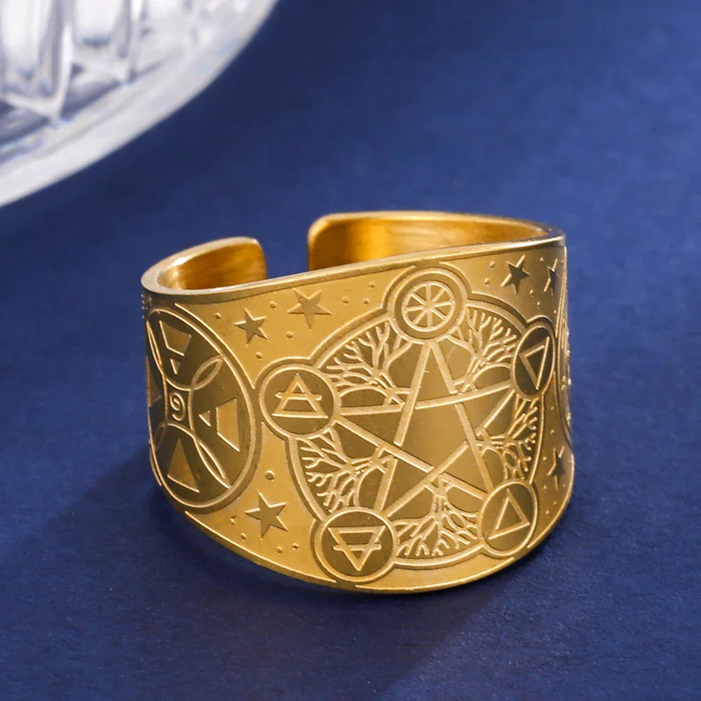 Pentagram Tetragram Ring Witchcraft Sorcery gold