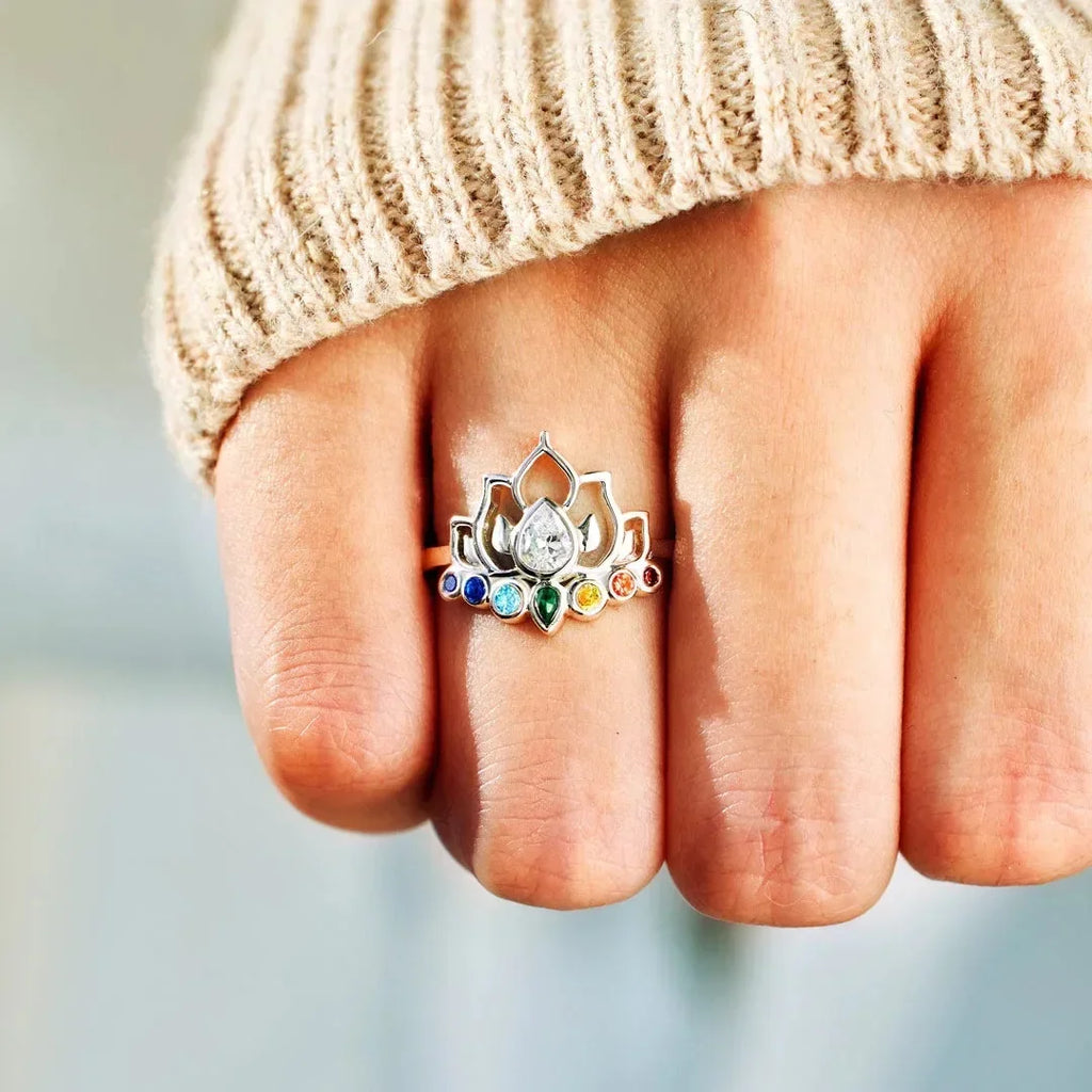 7 Chakra Stone Lotus Flower Ring for Women Silver-Plated