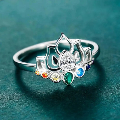 7 Chakra Stone Lotus Flower Ring for Women Silver