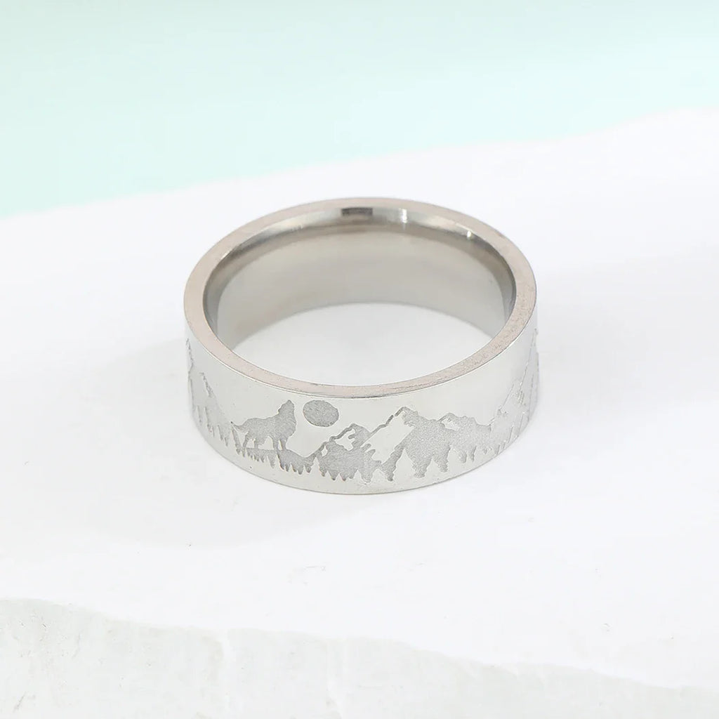 Retro Mountain Lion and Sun Ring Silver