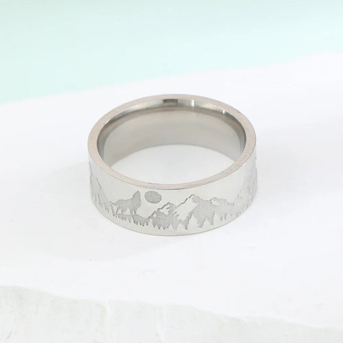 Retro Mountain Lion and Sun Ring Silver
