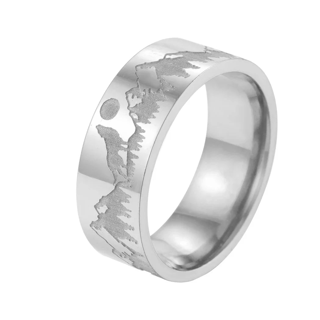 Retro Mountain Lion and Sun Ring Silver