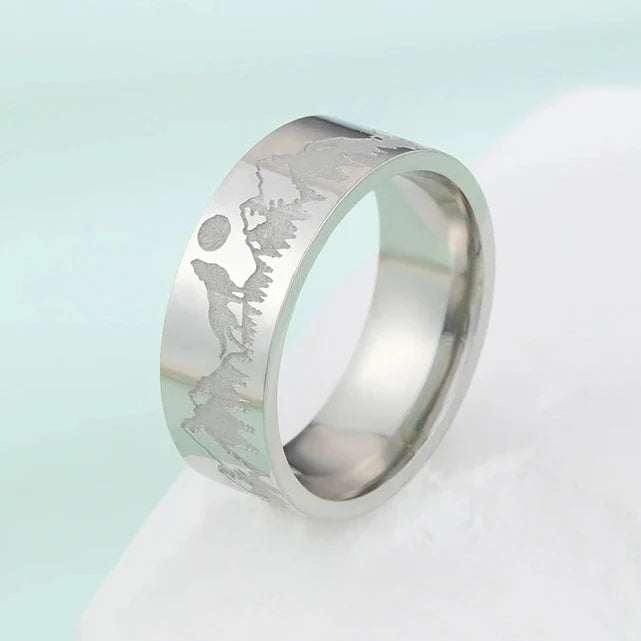 Retro Mountain Lion and Sun Ring Silver