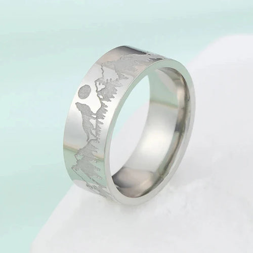 Retro Mountain Lion and Sun Ring Silver