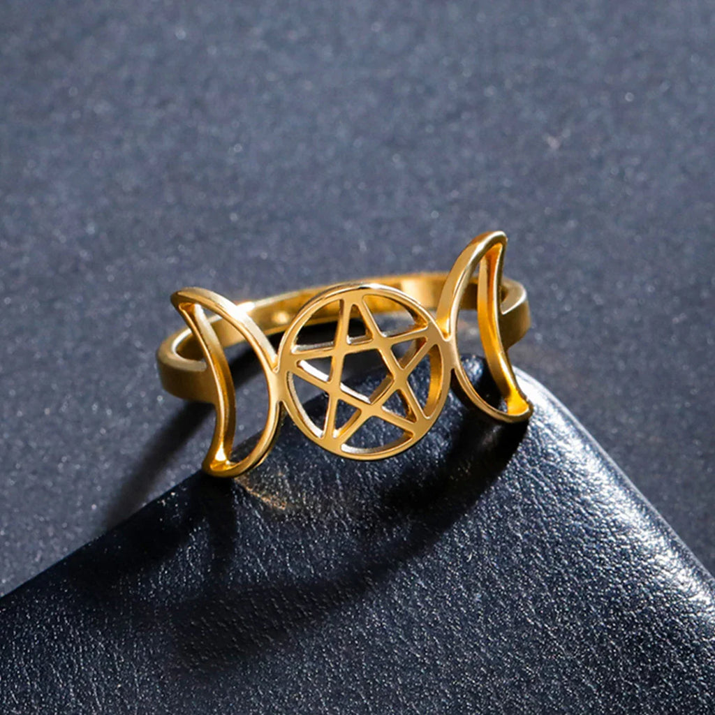 Thin Triple Moon Witchcraft Wiccan Ring for Women gold B