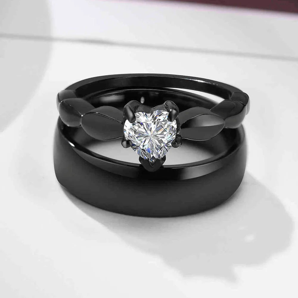 Couple Rings Heart Romantic Band and Black Zircon