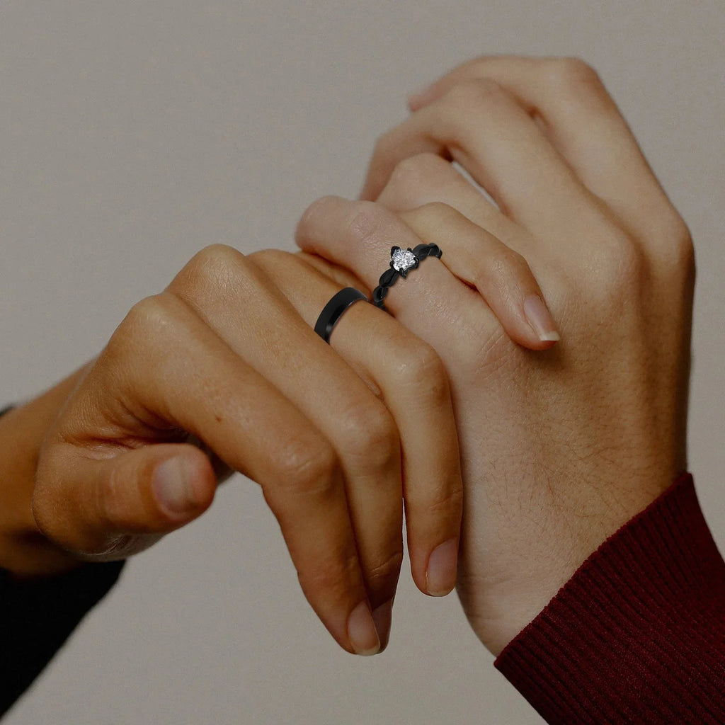 Couple Rings Heart Romantic Band and Black Zircon
