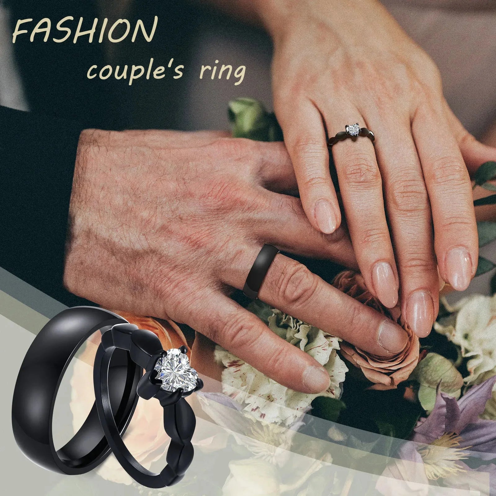 Couple Rings Heart Romantic Band and Black Zircon