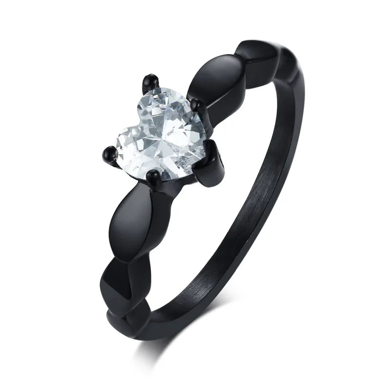 Couple Rings Heart Romantic Band and Black Zircon
