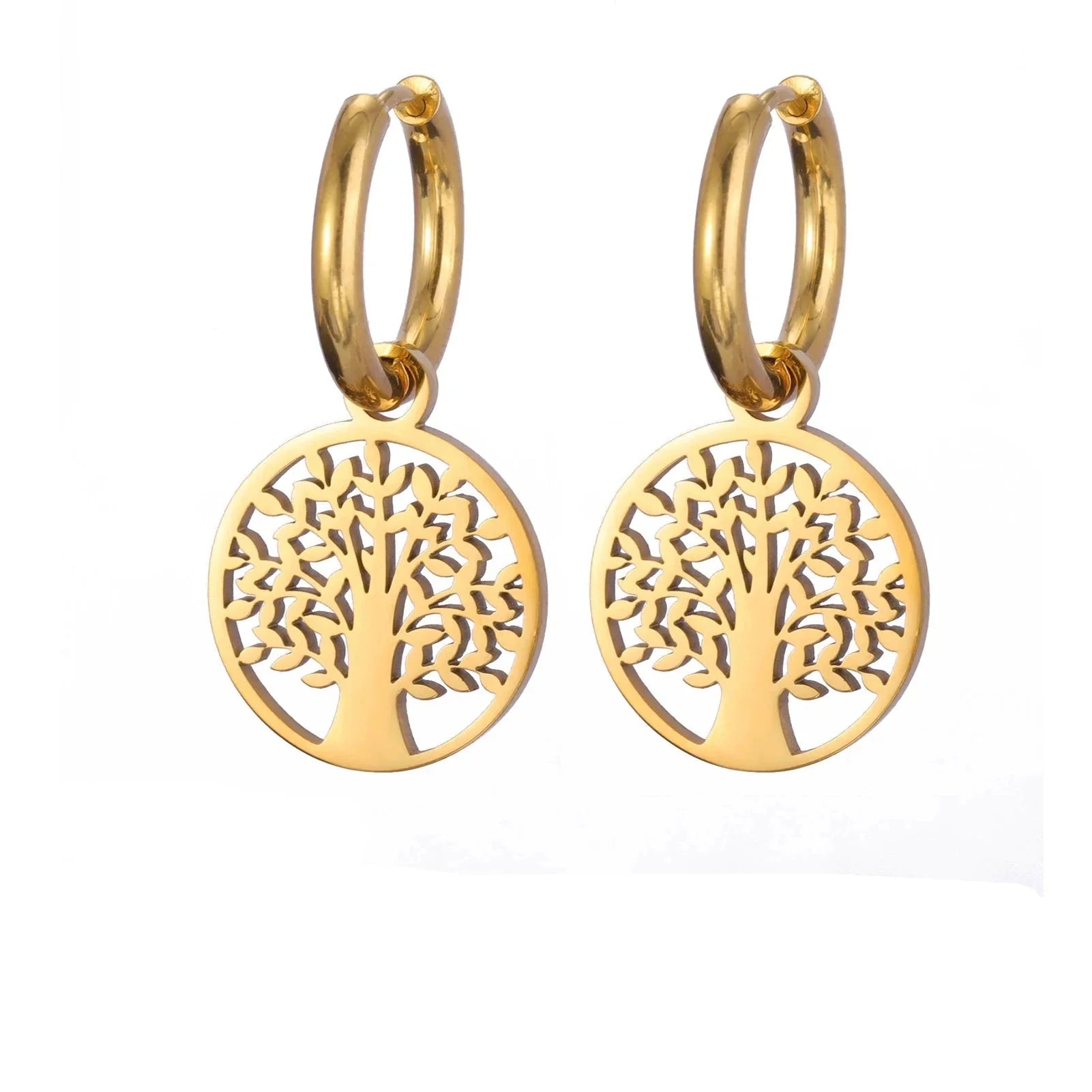Tree of Life Dangle Hoop Earrings Gold
