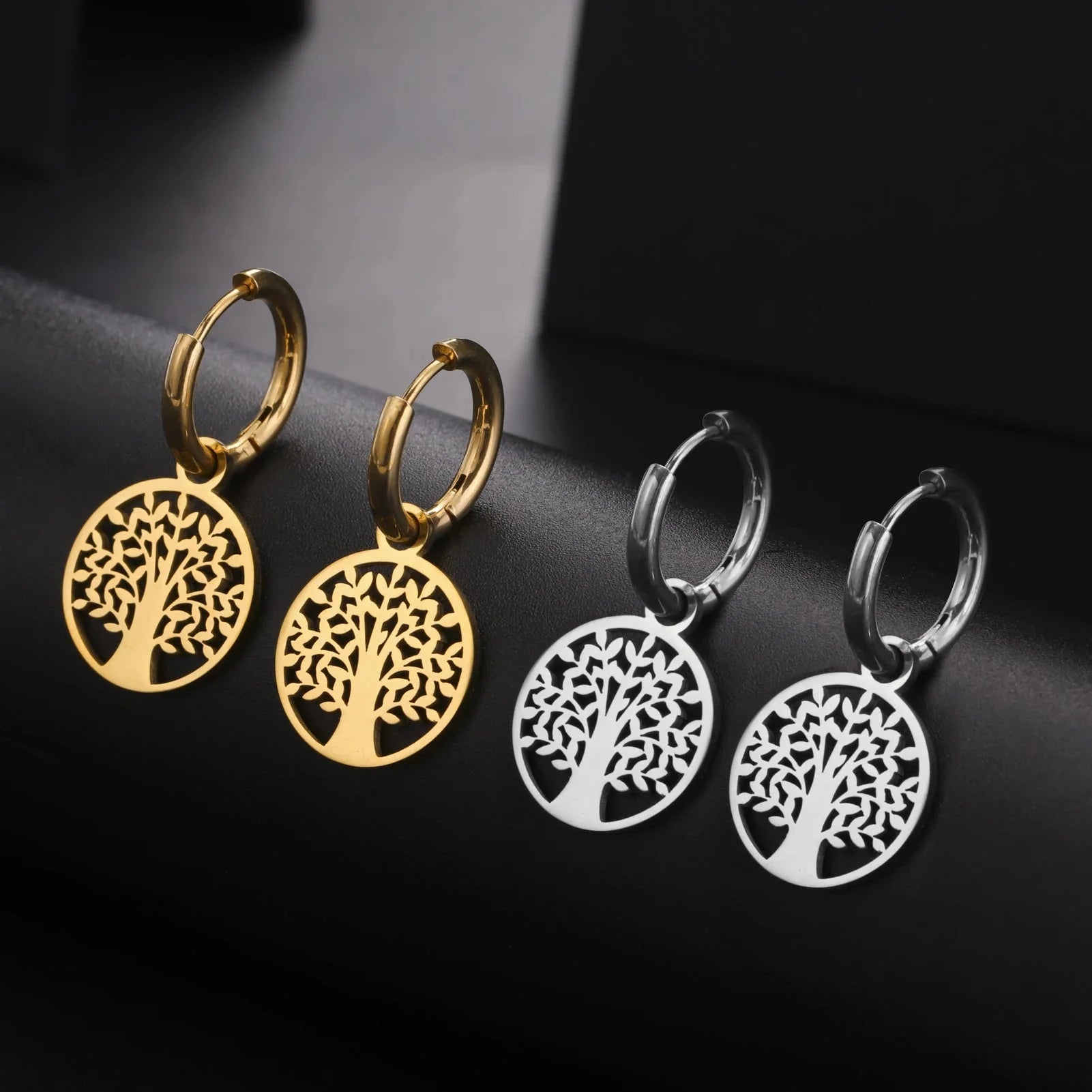 Tree of Life Dangle Hoop Earrings Silver