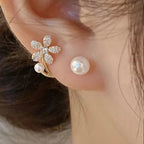 Flower Stud Earrings with Zircon and Pearl