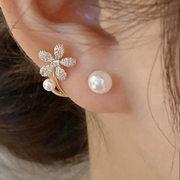 Flower Stud Earrings with Zircon and Pearl