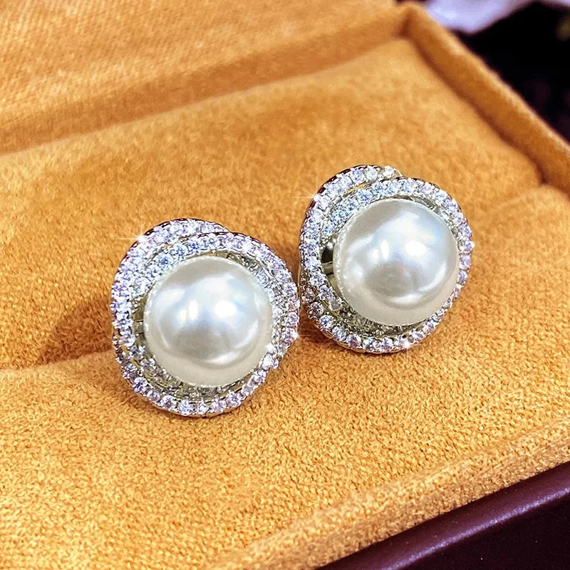 Stud Earrings with Pearls and Silver Rhinestones