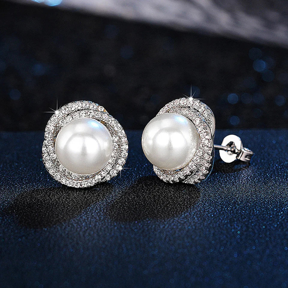 Stud Earrings with Pearls and Silver Rhinestones