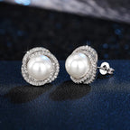 Stud Earrings with Pearls and Silver Rhinestones