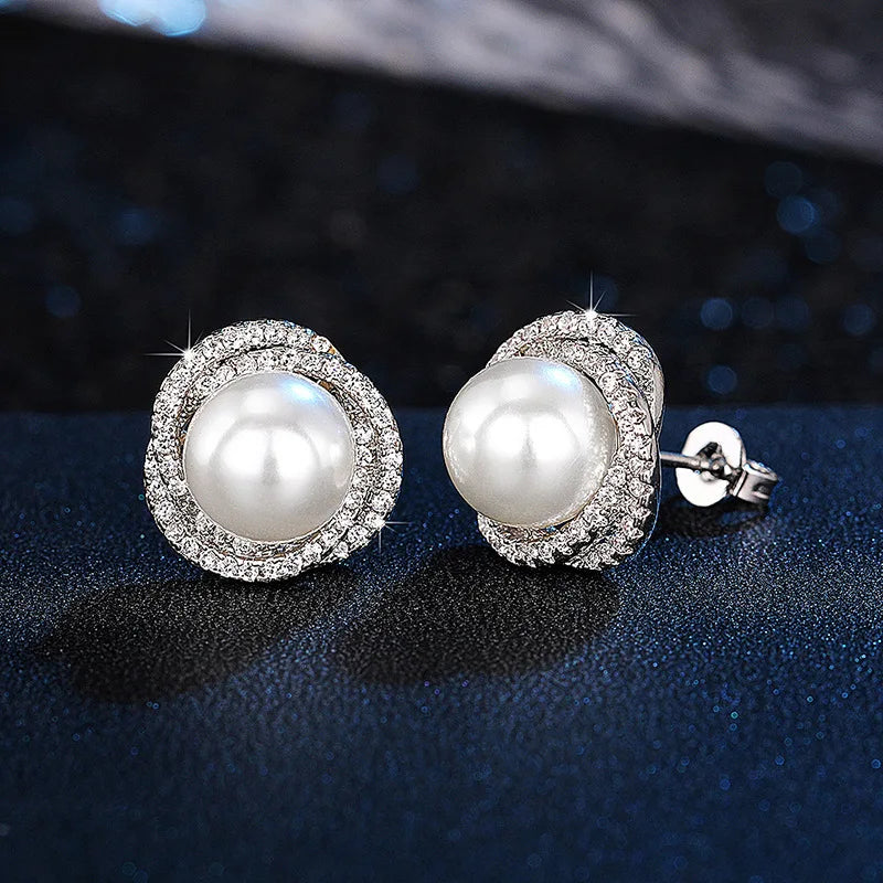 Stud Earrings with Pearls and Silver Rhinestones
