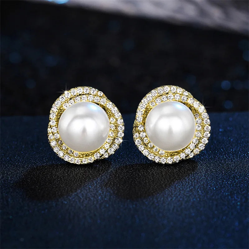 Stud Earrings with Pearls and Gold Rhinestones