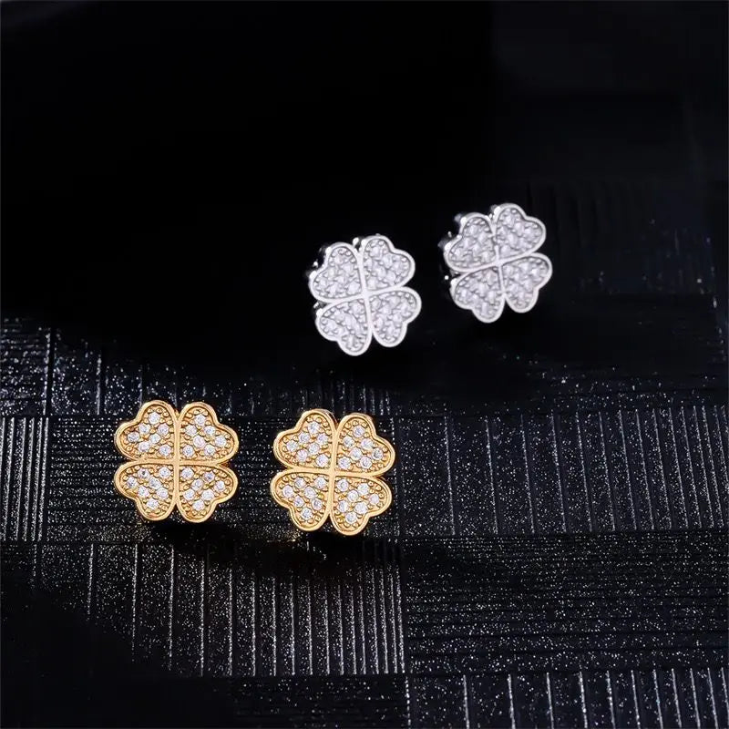 4-Leaf Clover Zircon Stud Earrings Gold