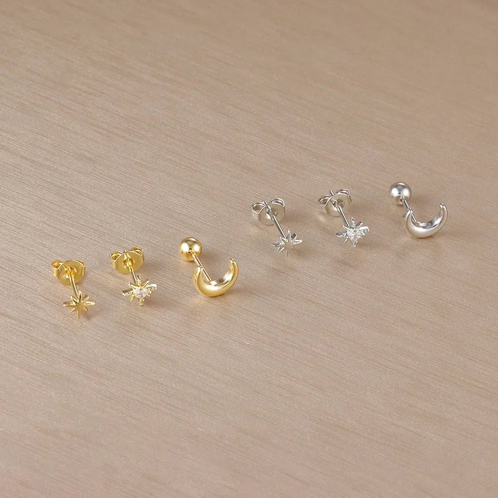 Crescent Moon and Stars Stud Earrings in Silver