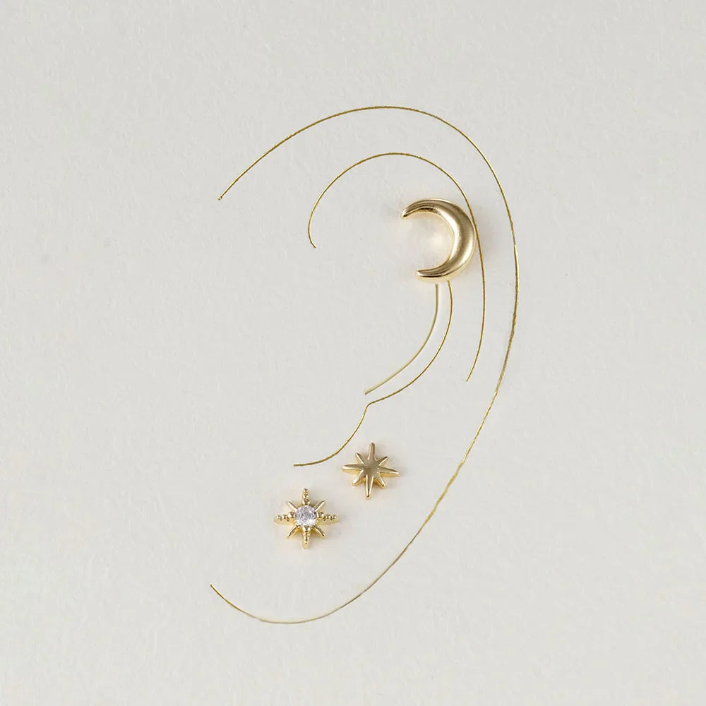Crescent Moon and Stars Stud Earrings 