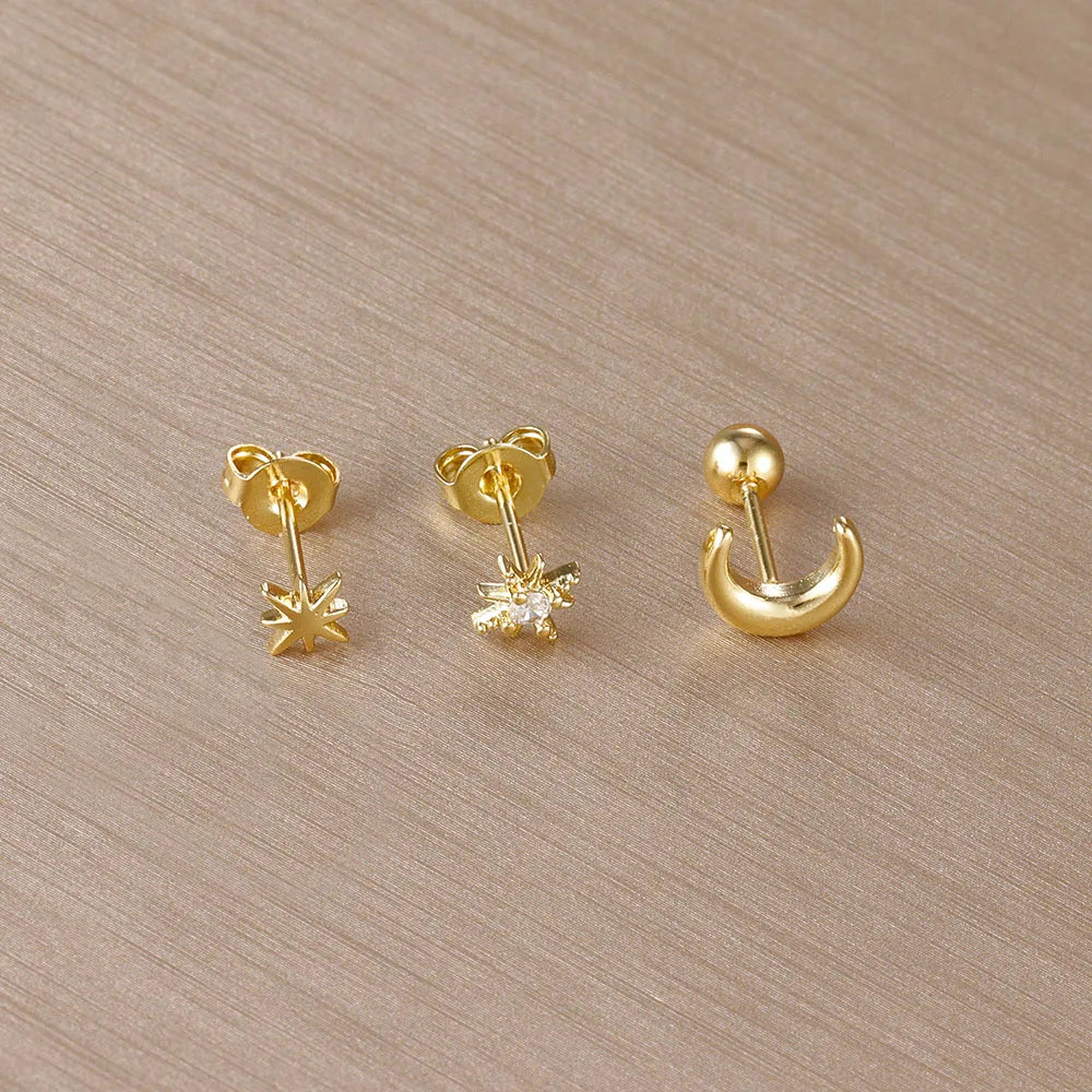 Crescent Moon and Stars Stud Earrings in Gold