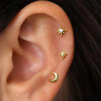 Crescent Moon and Stars Stud Earrings in Gold