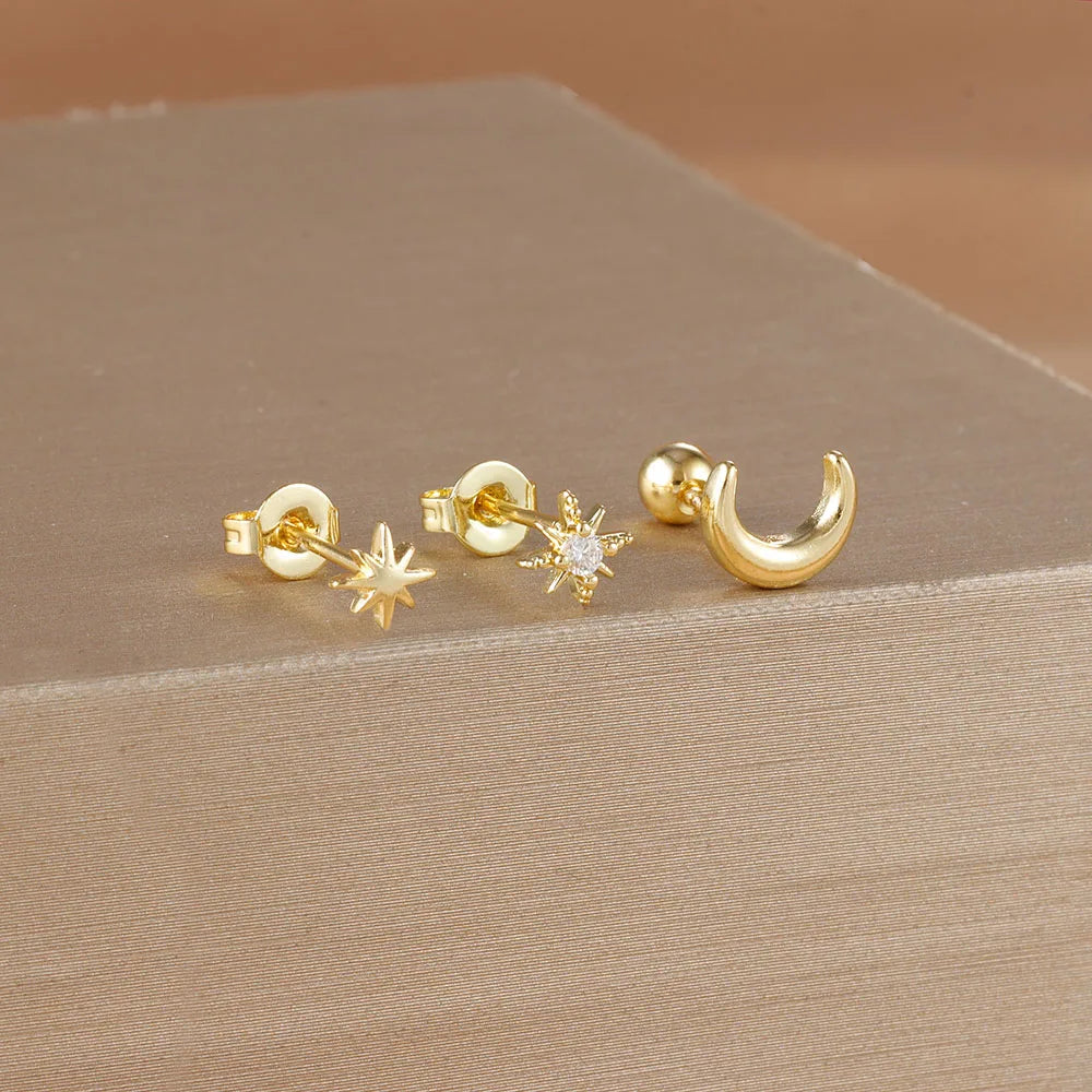Crescent Moon and Stars Stud Earrings in Gold