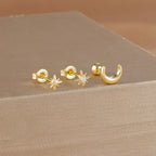 Crescent Moon and Stars Stud Earrings in Gold