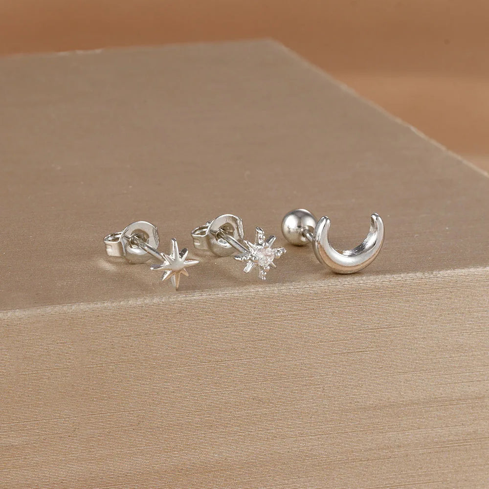Crescent Moon and Stars Stud Earrings in Silver