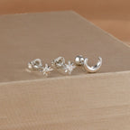 Crescent Moon and Stars Stud Earrings in Silver