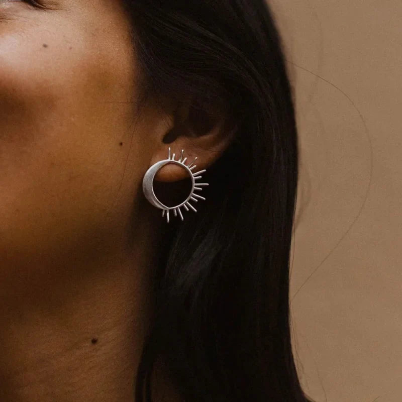 Moon and Sun Crescent Stud Earrings in silver