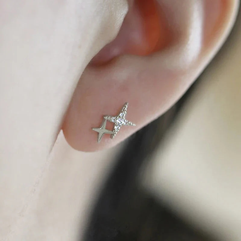 Double Star and Zircon Stud Earrings Silver