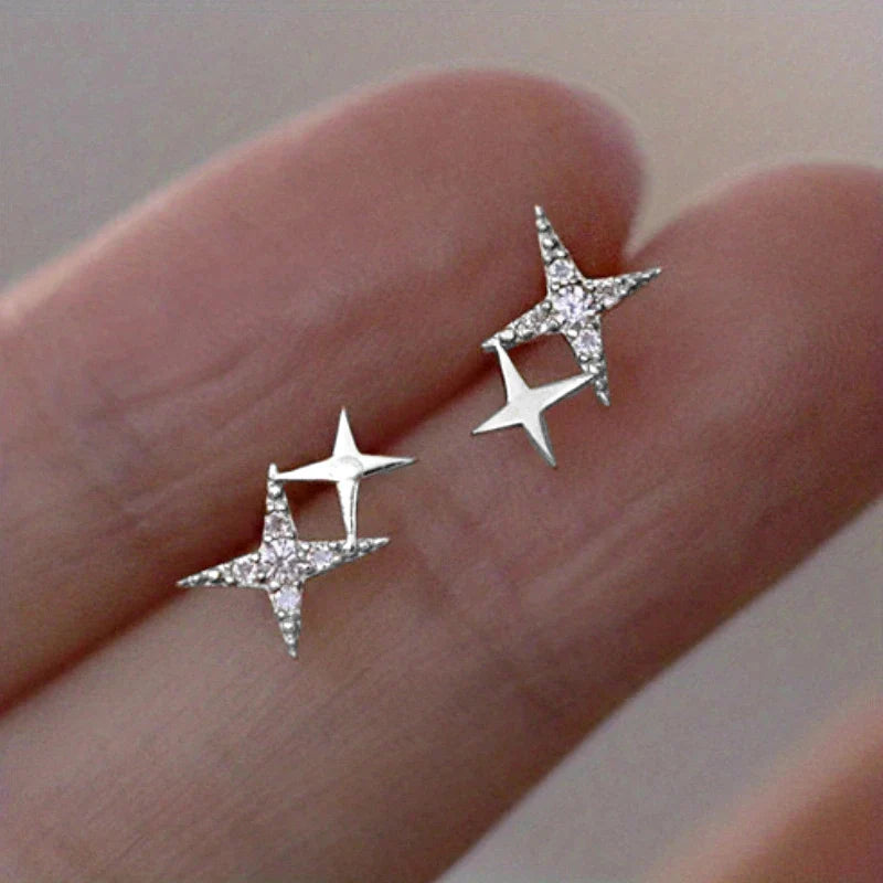 Double Star and Zircon Stud Earrings Silver
