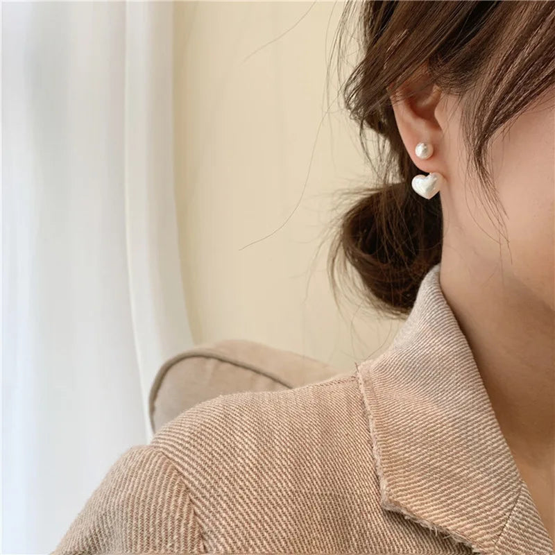 White Pearl Heart Stud Earrings