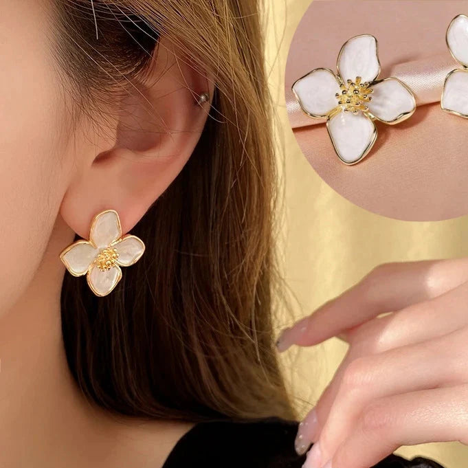 Hibiscus Flower Stud Earrings with Pearly White Petals